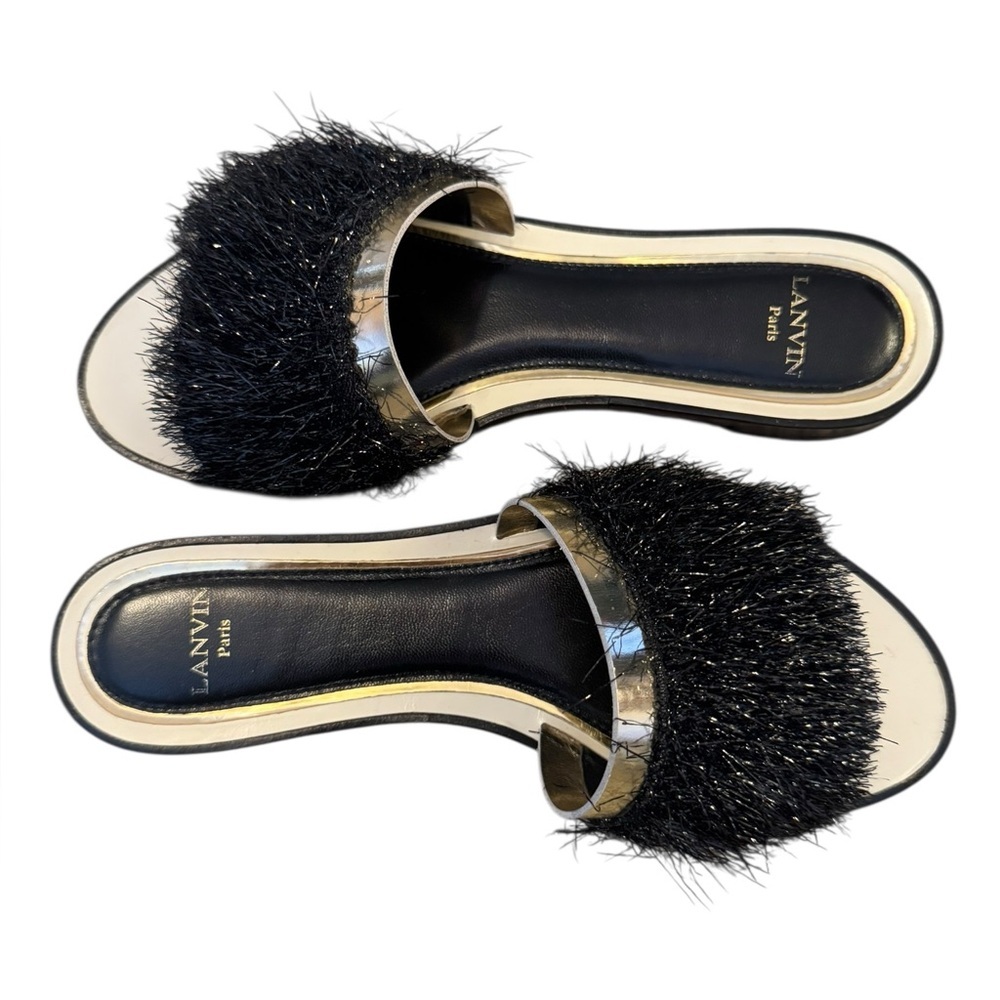 Lanvin Black and Gold Fur Slide Sandals - Picture 5 of 10